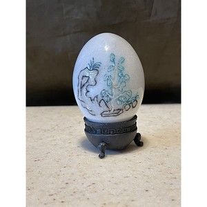 Vintage Alabaster Marble Egg Hand Etched Carved Painted With Stand Asian USED
